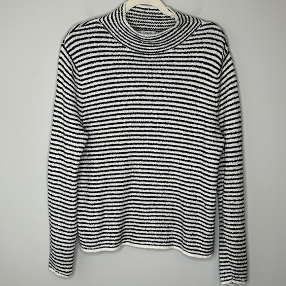 J. Crew Factory Striped Mock Neck Sweater Black White Fuzzy Pullover Large  FA24 - Picture 1 of 12